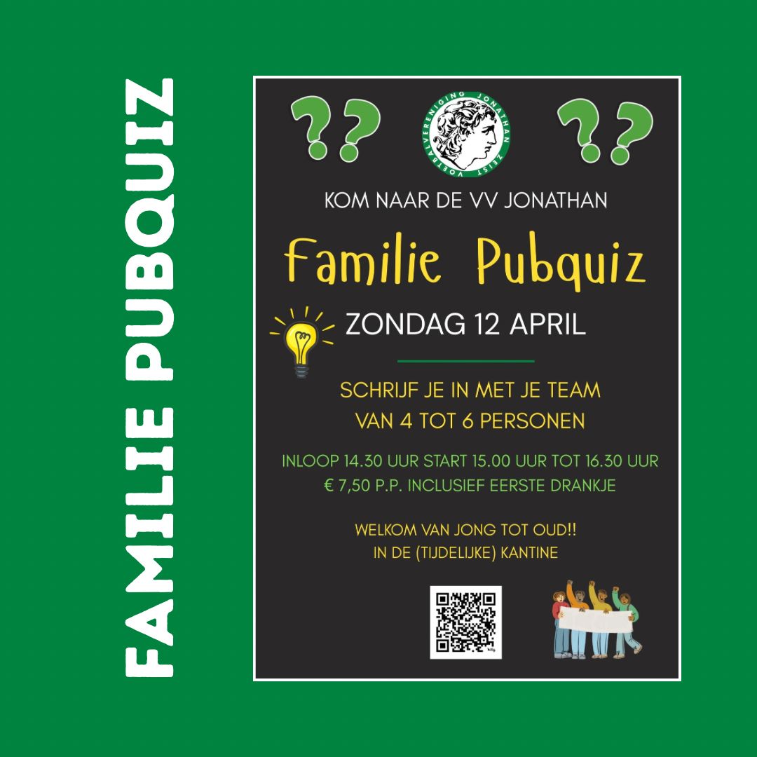 Kom naar de Familie Pubquiz zondag 12 april bij VV Jonathan!